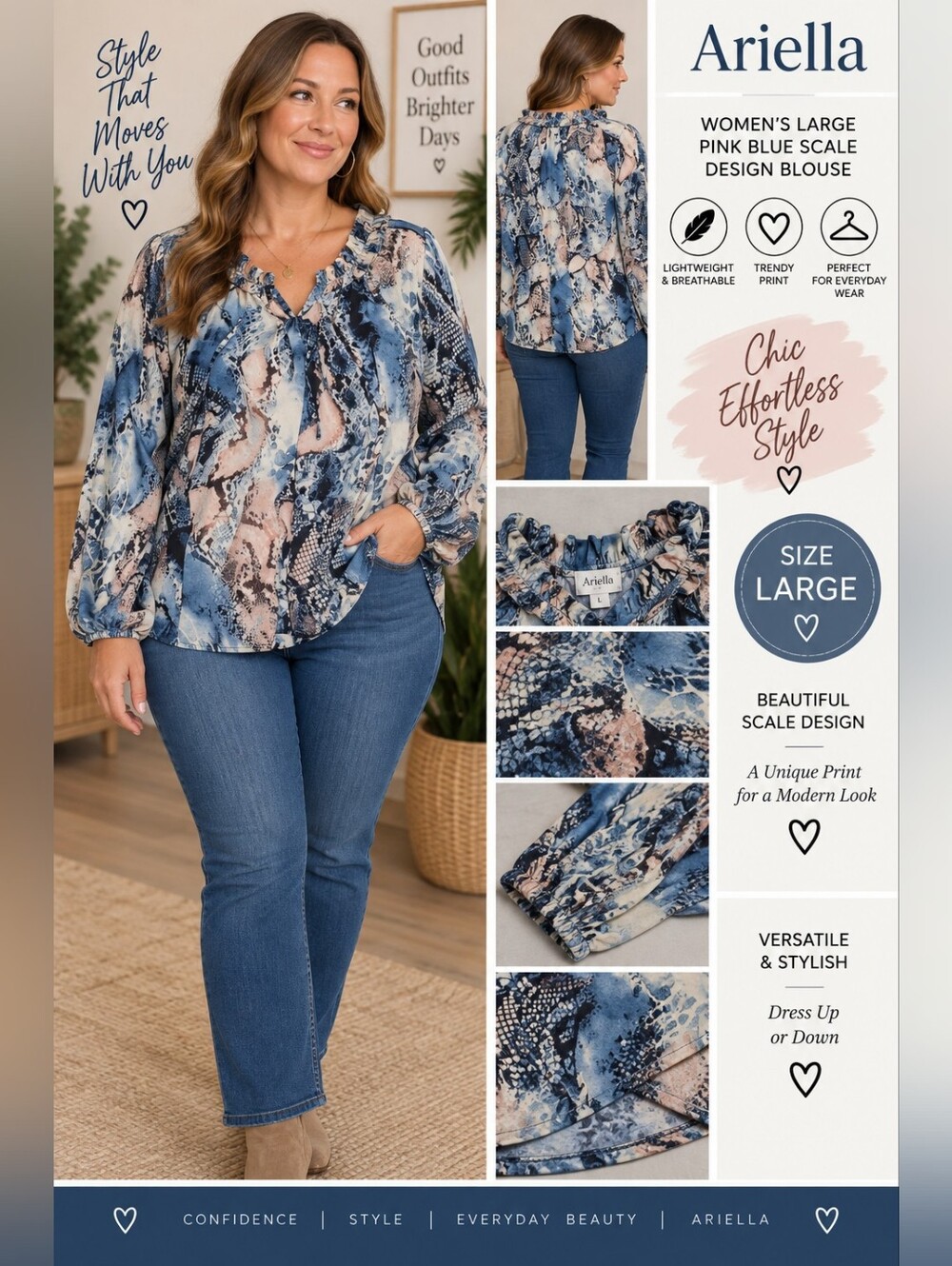 Ariella women's large pink blue scale design Blouse #30